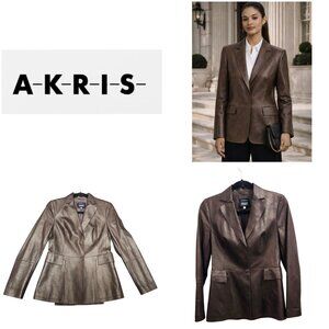 Akris Bergdorf Goodman Brown Lambskin Leather Blazer Jacket Tailored Snap Front